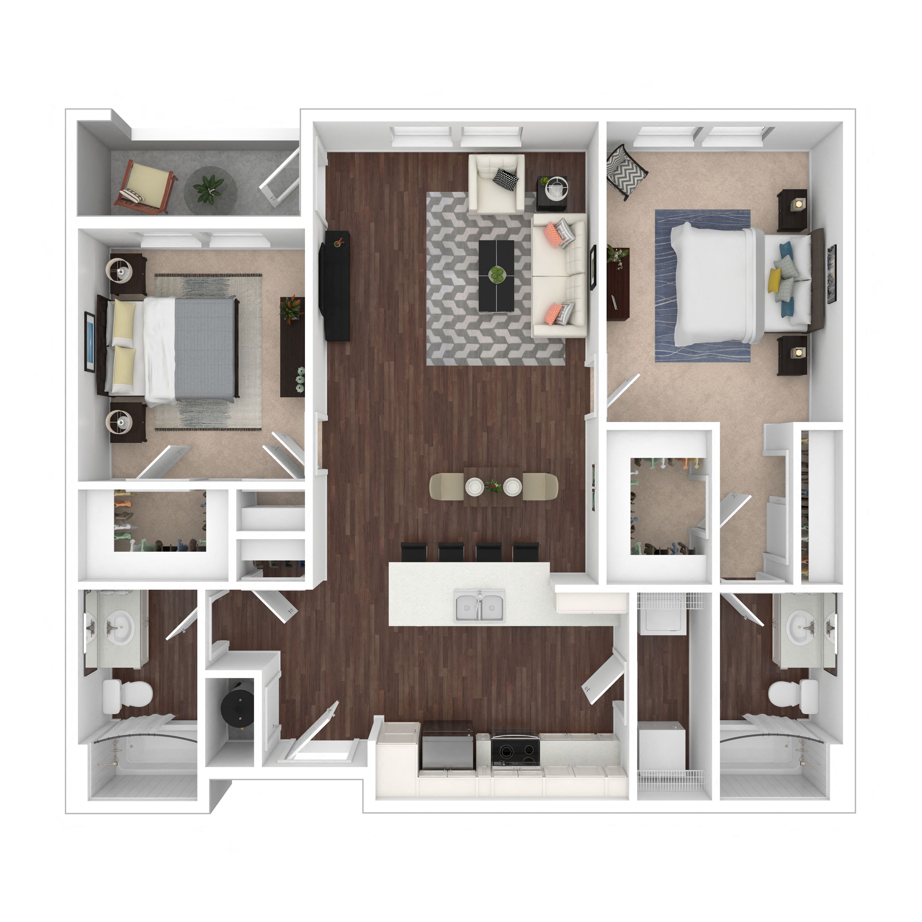 Floor plan for 2 beds, 2 baths, 1063 sqft